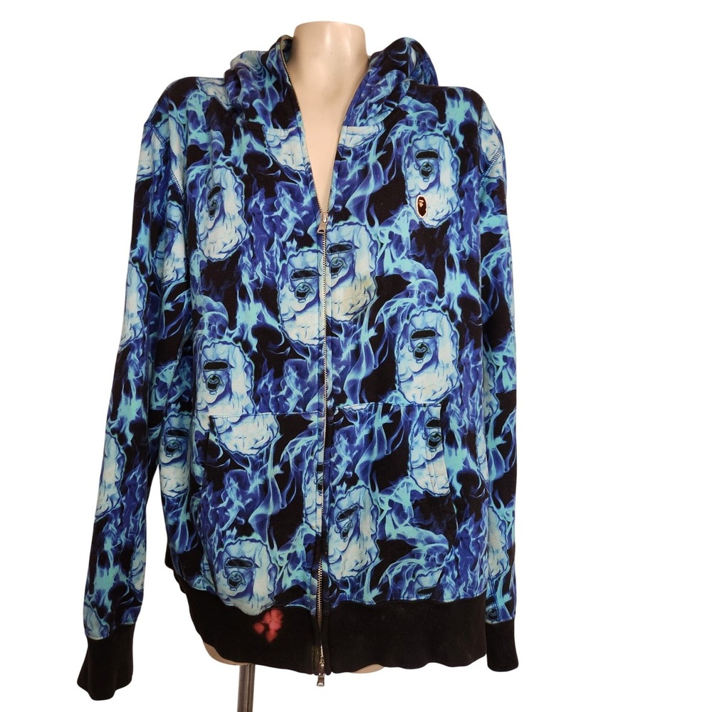 BAPE A Bathing Ape Blue Flame Ape Head All Over Print Full Zip Hoodie Mens XL